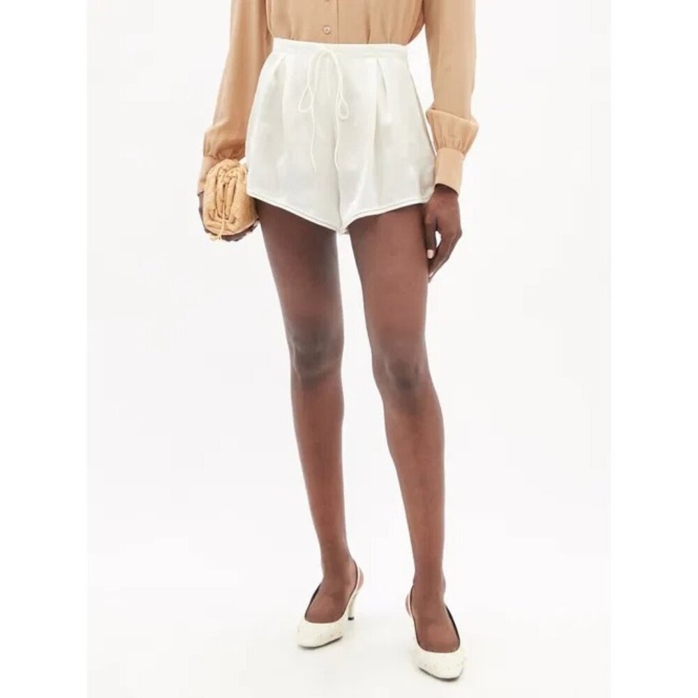 NWT $2100 Saint Laurent Drawstring-Waist Organic Silk Charmeuse Short Cream Sz 6